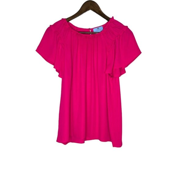 CeCe Women's Pink Blouse‎ Top Size Medium Short Sleeve Ruffle - Picture 1 of 8